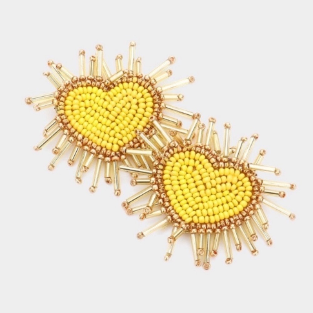 Felt Back Seed Beaded Heart Earrings in Yellow